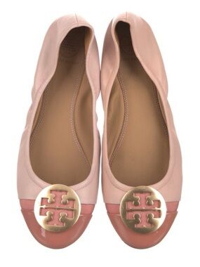 TORY BURCH Minnie Shell Pink Leather Gold Medallion Logo Travel Ballet Flat Shoe